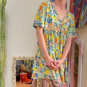 multicoloured floral tiered cap sleeve sundress